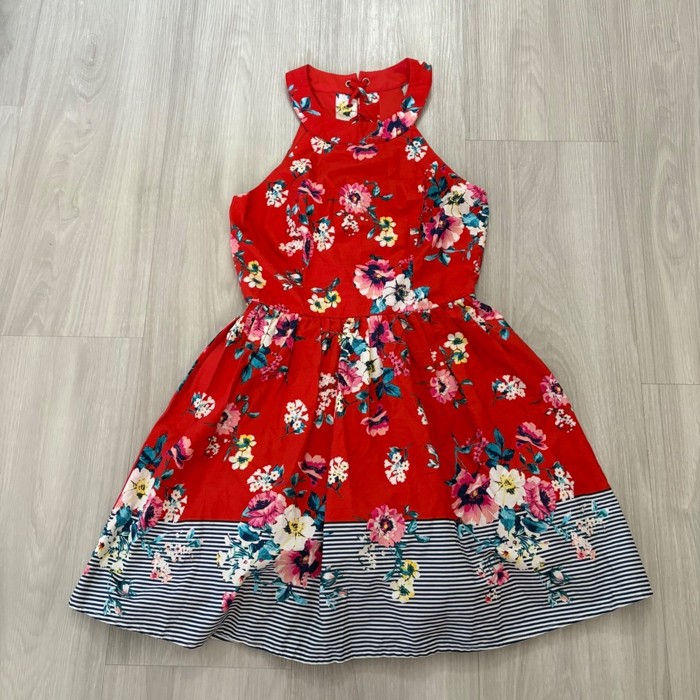 AUW Dress Women Red Floral Halter Lace Up Back Striped Hem Fit Flare Lilly Siz M